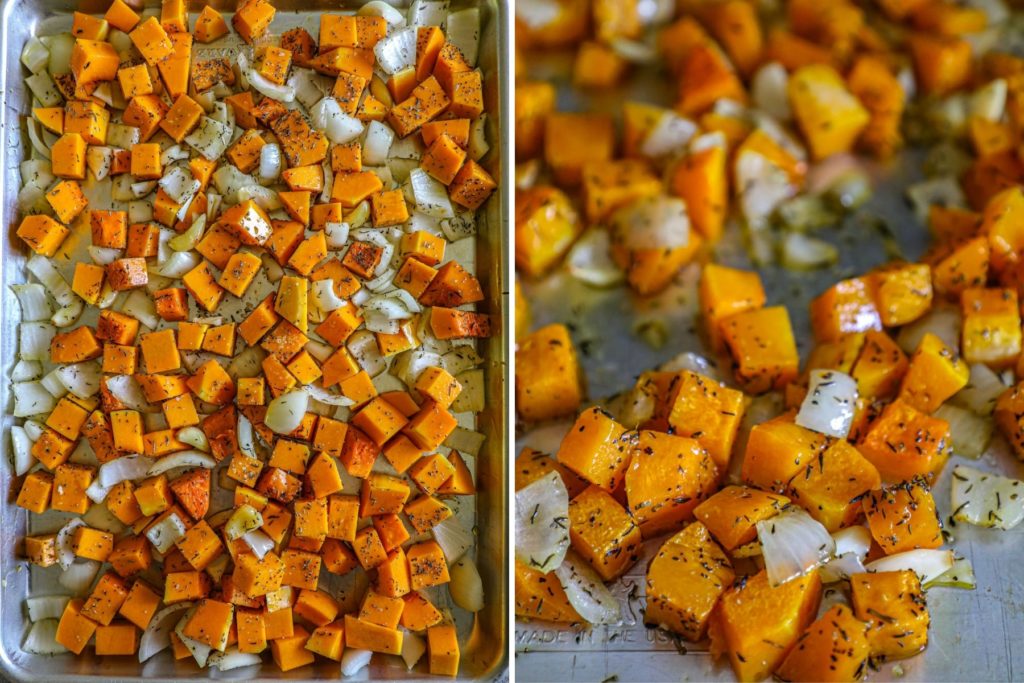 Roasting the butternut squash for the sauce