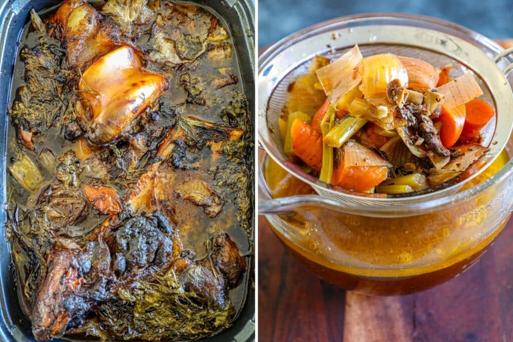 Cooking and straining the wagyu beef bone broth