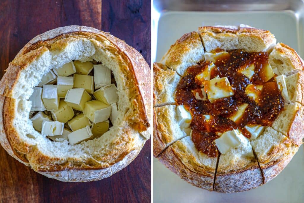 Filling the bread bowl with brie and fig spread
