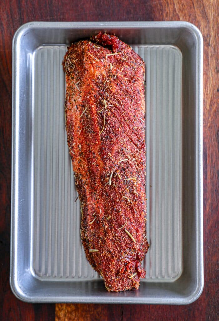 Prepared hanger steak with dry rub before grilling
