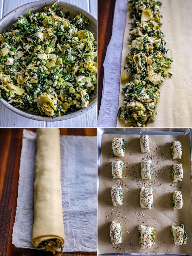Steps for making spinach artichoke puff pastry bites