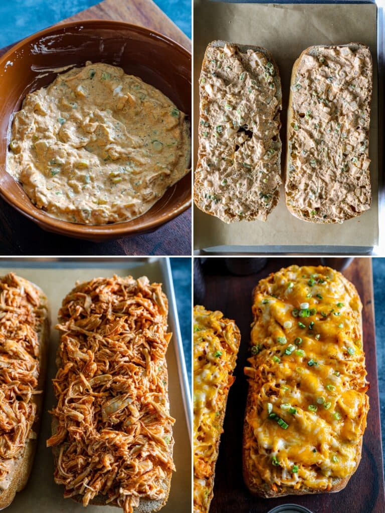 Assembling the Buffalo Chicken French Bread Pizza