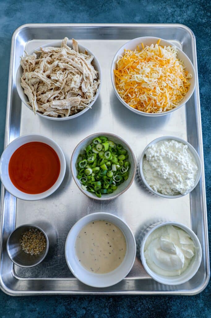 Ingredients used to make a high protein buffalo chicken dip