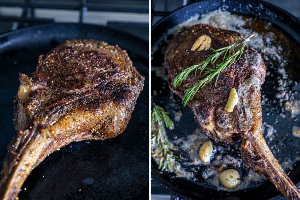 Searing the tomahawk steak in a cast iron pan
