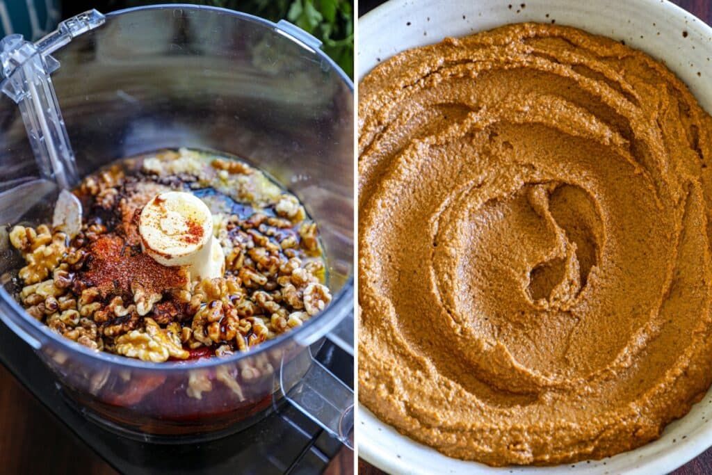 Blending the muhummara ingredients in a food processor and putting the mixture into a bowl