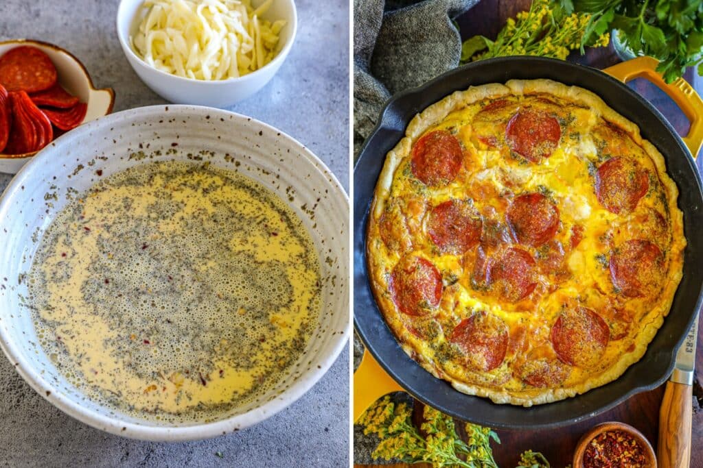 Egg mixture for the filling and the finished baked cast iron quiche