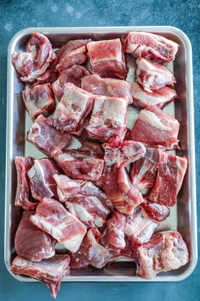 Raw cut rib tips on a tray