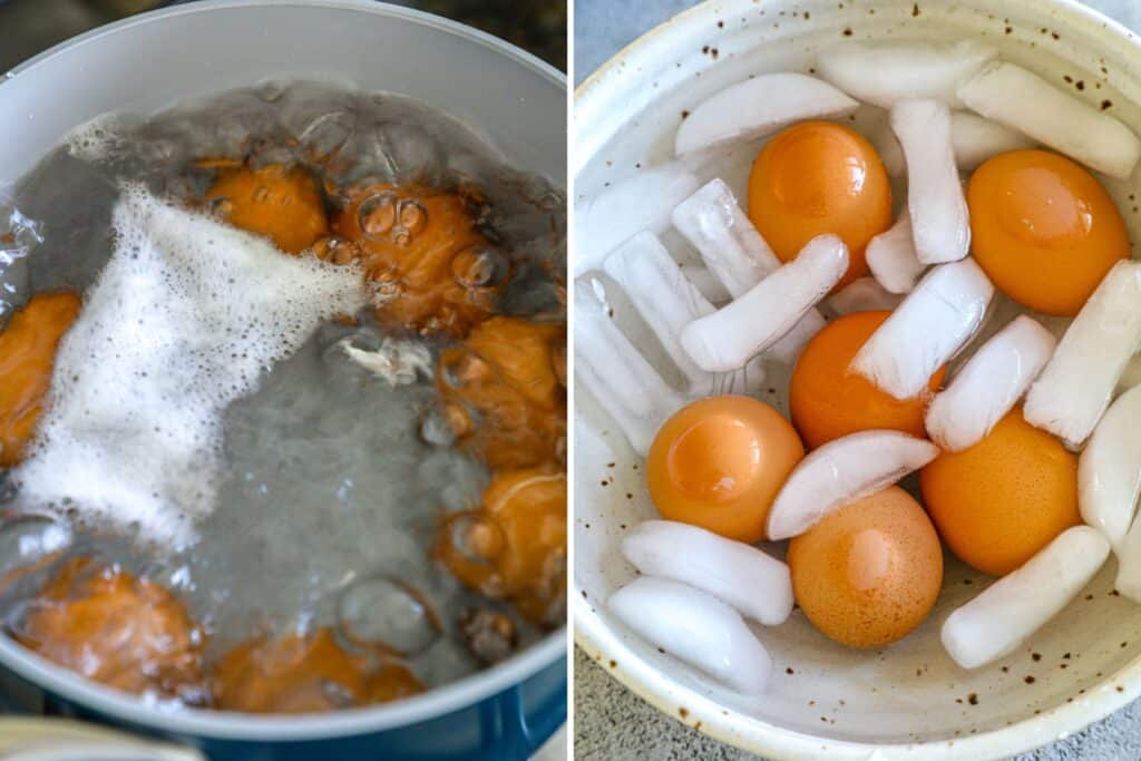 Soft boiling the eggs and then placing them in an ice bath