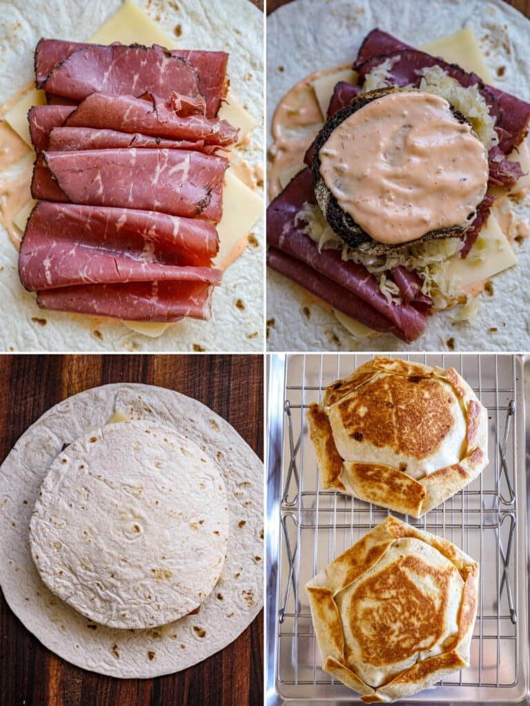 Steps for assembling a reuben crunchwrap