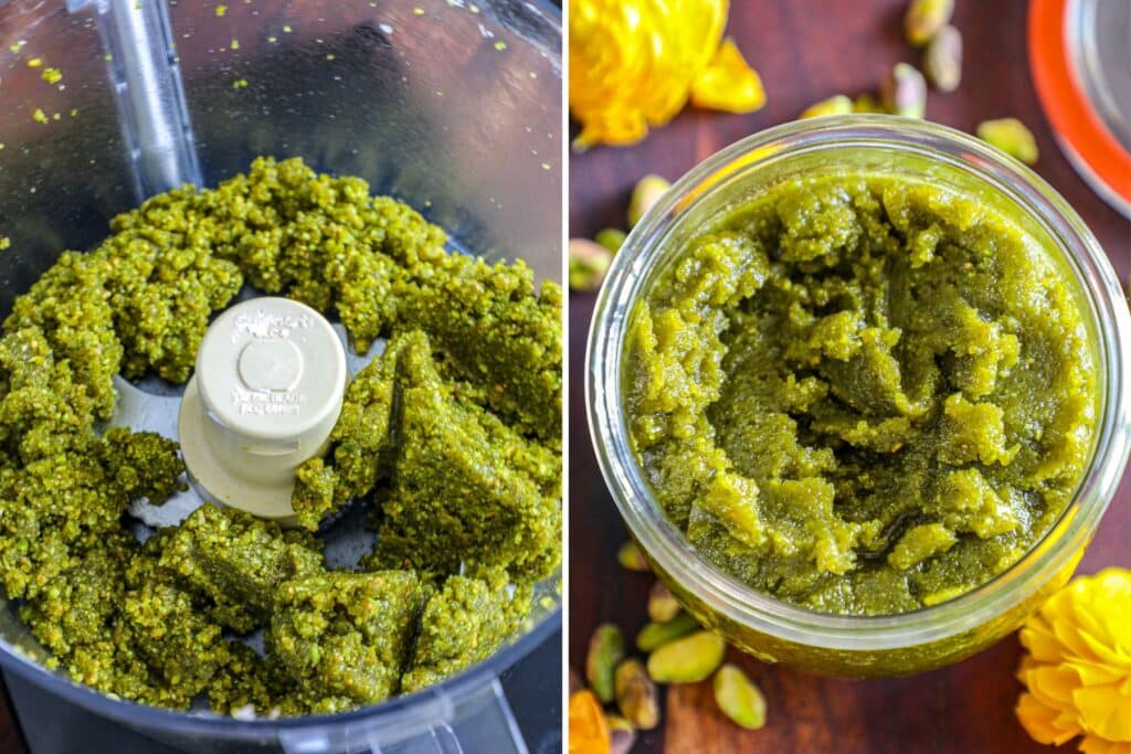 Blending the ingredients to make homemade pistachio paste