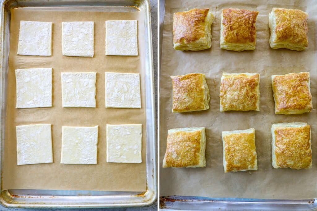 Making puff pastry squares into mini rolls