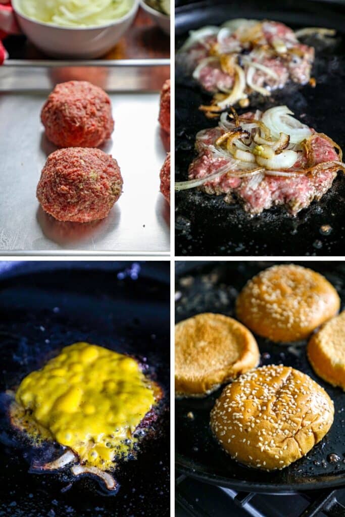 Making the bone marrow burgers on the griddle