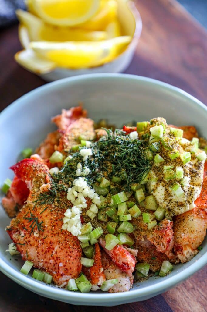 Lobster salad mixture in a bowl