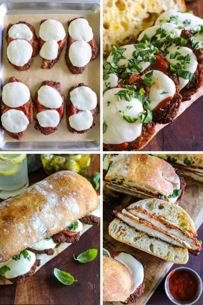Assembling the chicken parmesan sandwich