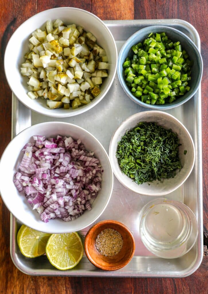 Pickle De Gallo Recipe ingredients on a baking tray