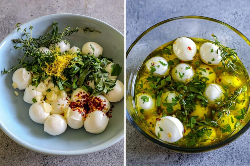 Marinated Mozzarella Ball ingredients mixed in a bowl