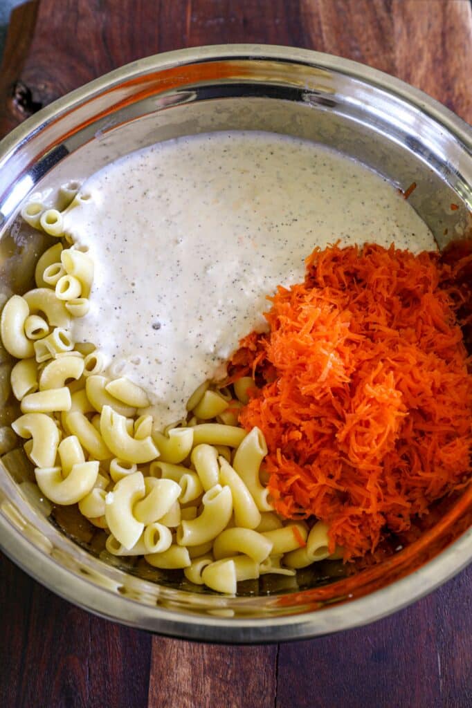 Mixing the authentic Hawaiian mac recipe ingredients together