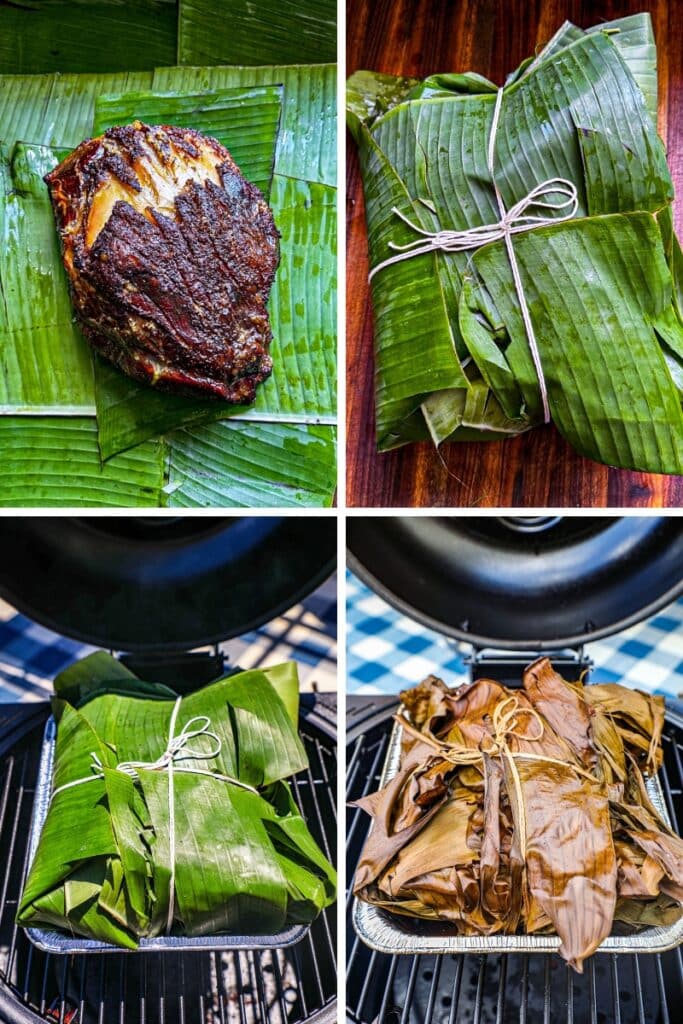 Wrapping the pork shoulder in the banana leaves