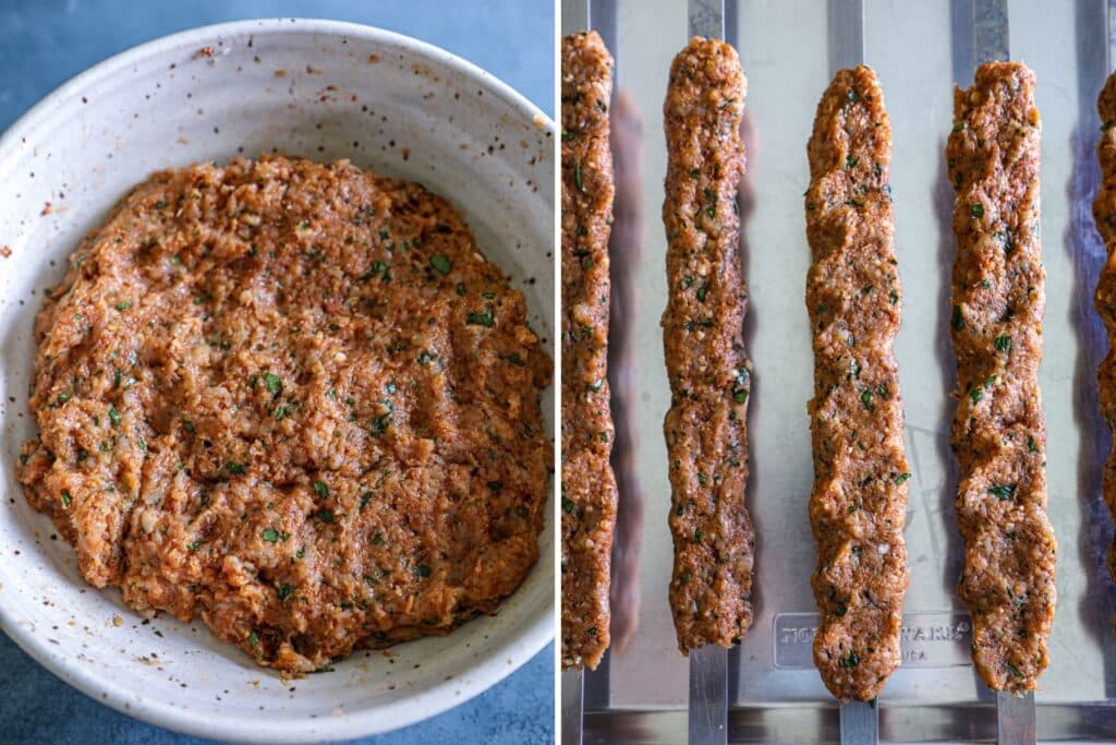 Mixing the chicken kofta and placing it on the kebab