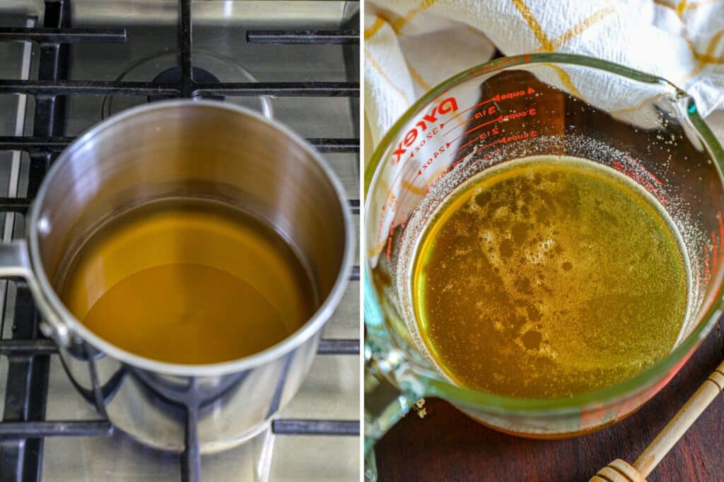 Making the honey syrup on the stove
