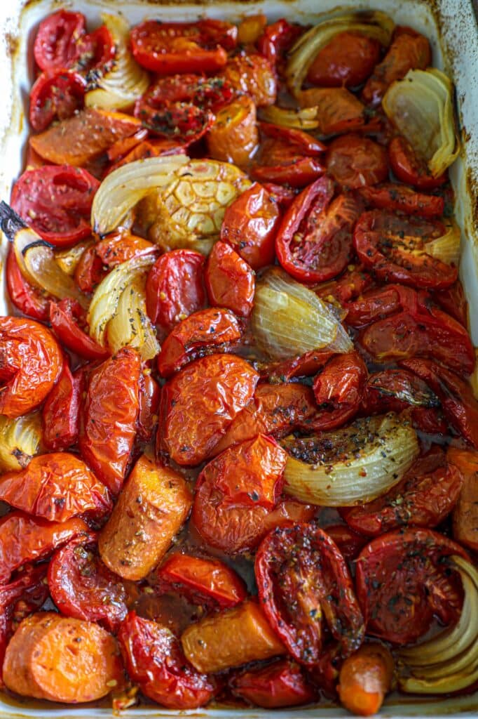 Fully roasted tomatoes and vegetables for the pasta sauce
