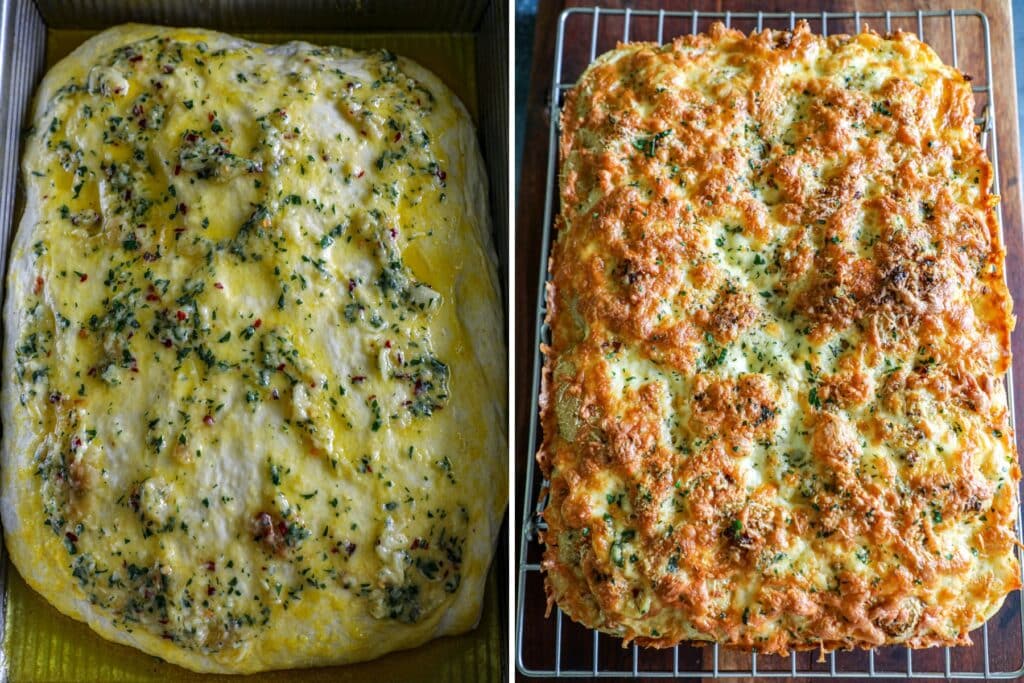 adding the garlic butter and then baking the garlic bread focaccia