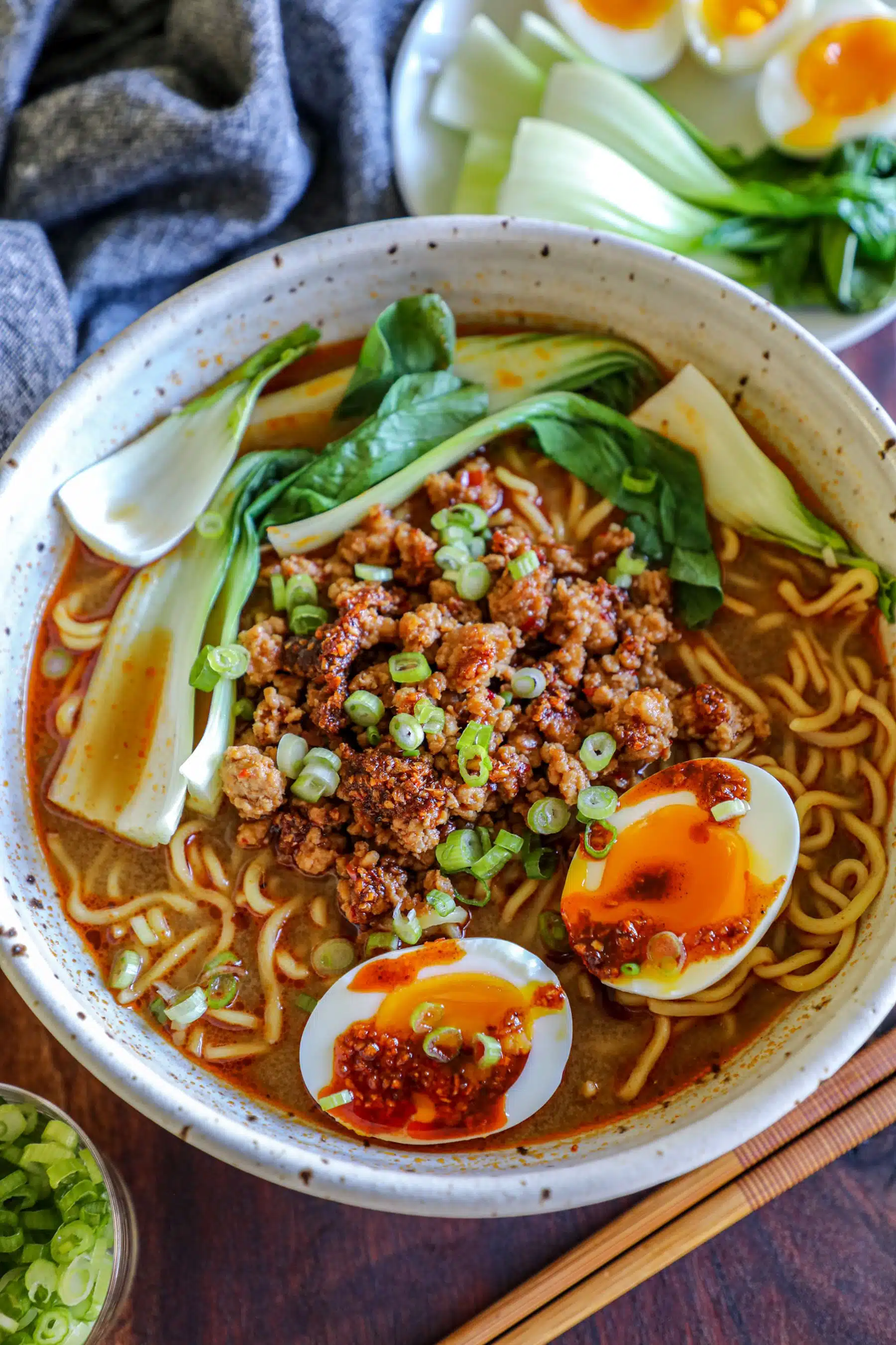 Creamy tantanmen ramen with sesame broth, ground pork, and chili oil