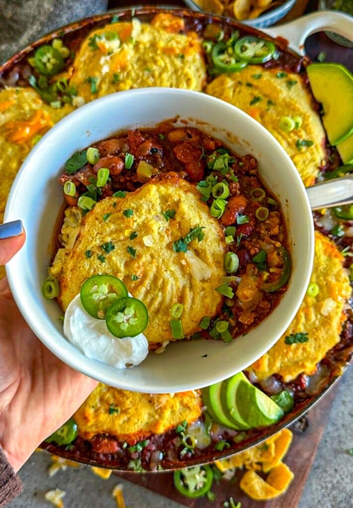 Chili Cornbread Casserole in a bowl