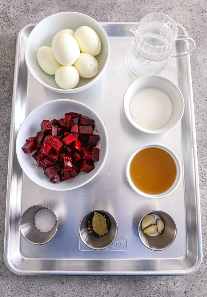 Ingredients for Beet Deviled Eggs on a tray