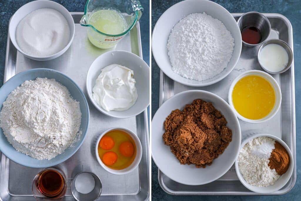 Ingredients to make the coffee cake muffins, struesel, and icing