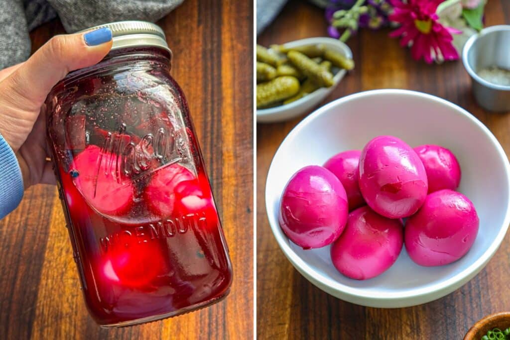 Hard boiled eggs covered in a jar with the beet pickling liquid
