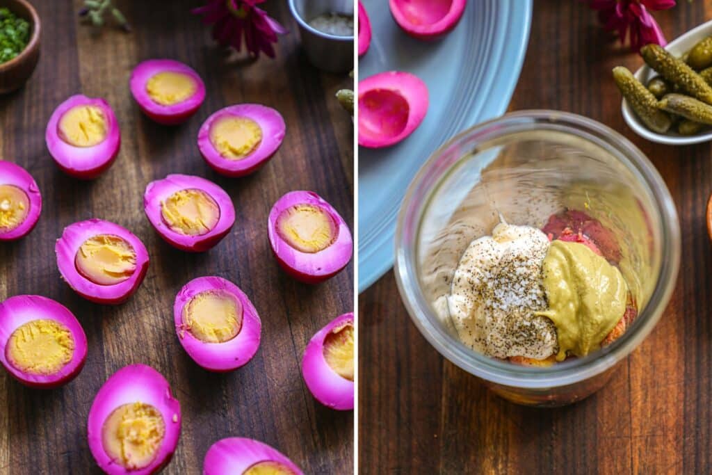 Blending the deviled egg filling in a jar
