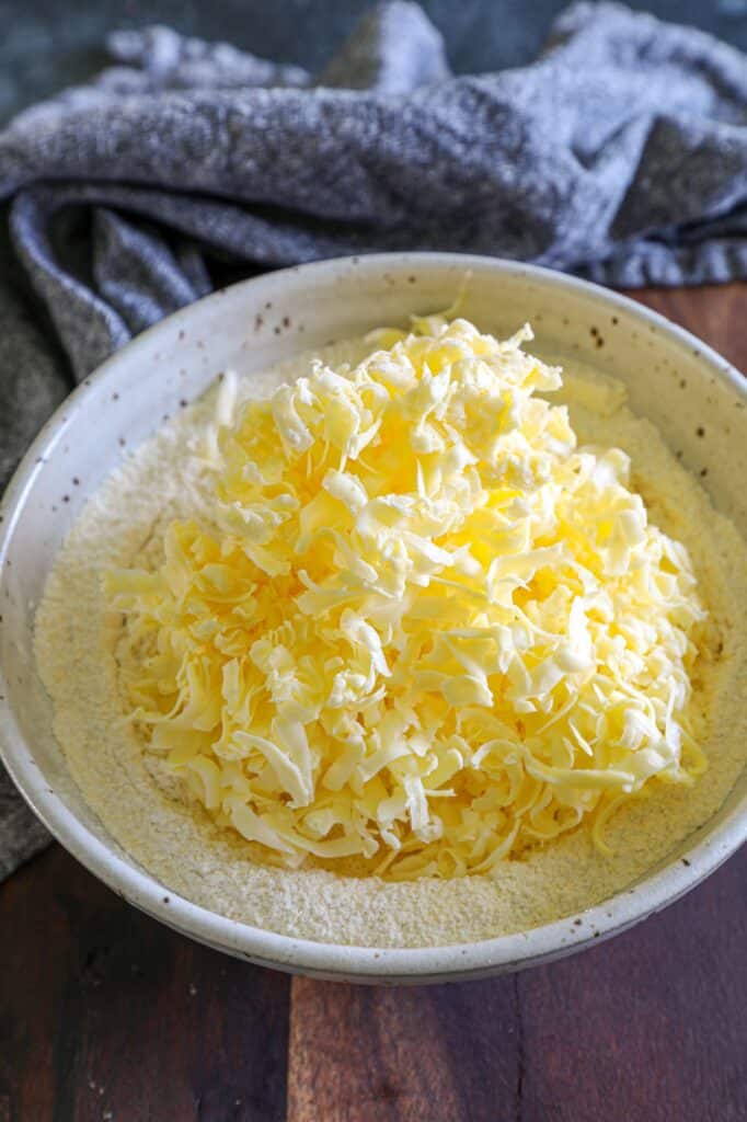 Grated butter mixed into the dry ingredients