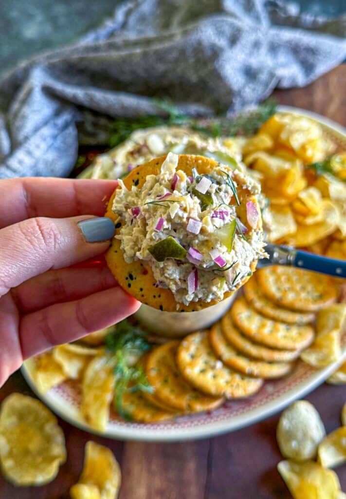 Dill Pickle Chicken Salad on a cracker
