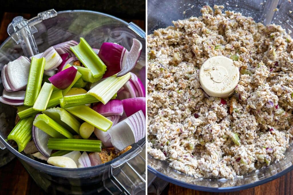 Putting the chicken salad in the food processor