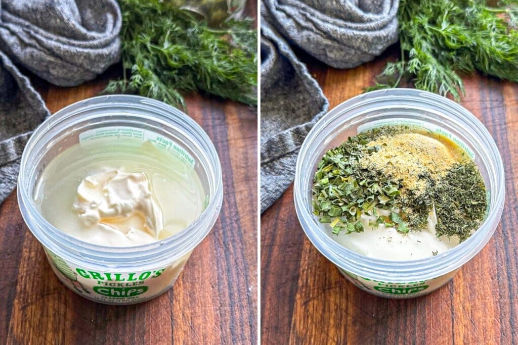 Adding the ingredients to the pickle juice jar