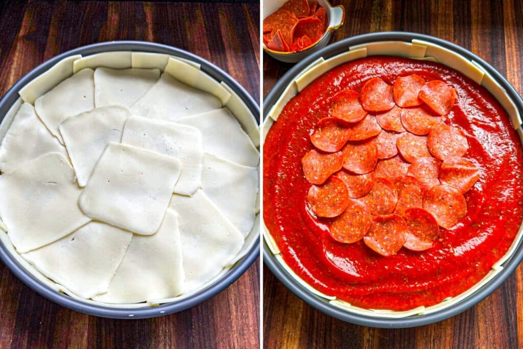Assembling the cheese layer, sauce, and pepperoni for the cast iron deep dish pizza