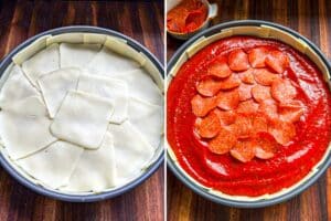 Assembling the cheese layer, sauce, and pepperoni for the cast iron deep dish pizza