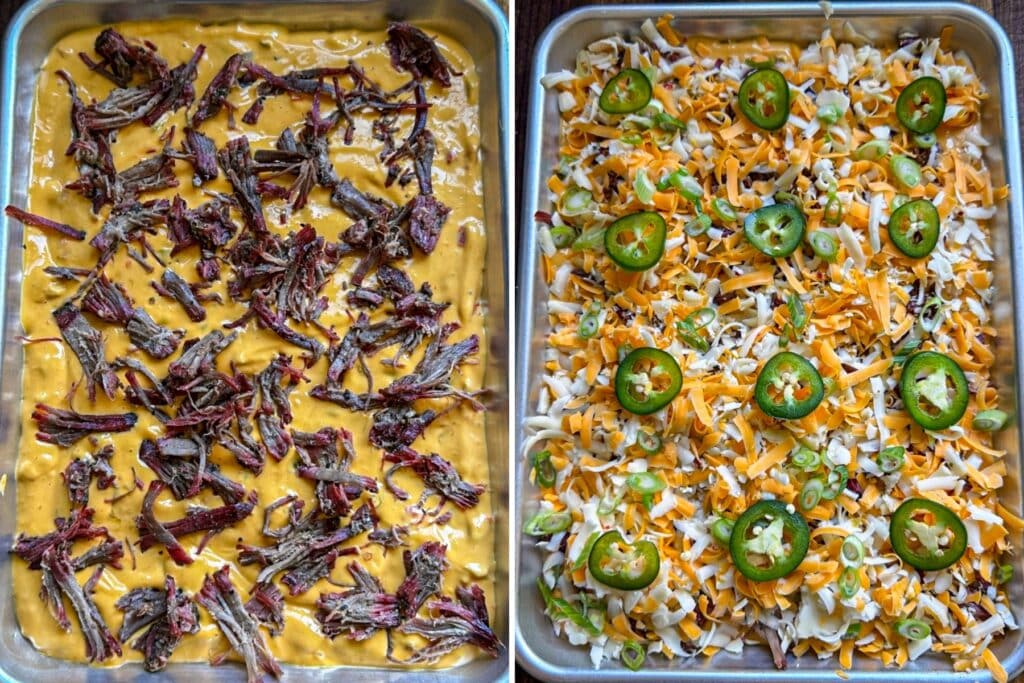 Layering the sheet pan with the cheese, pulled beef and toppings