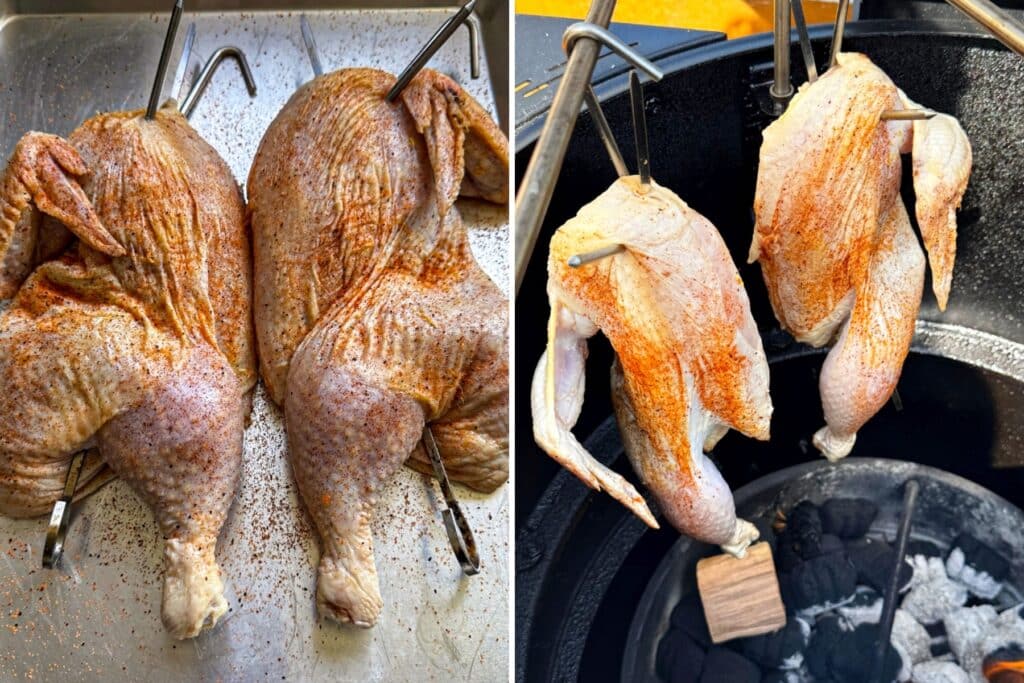 Seasoning the chicken for the smoker and then hanging it on the grill