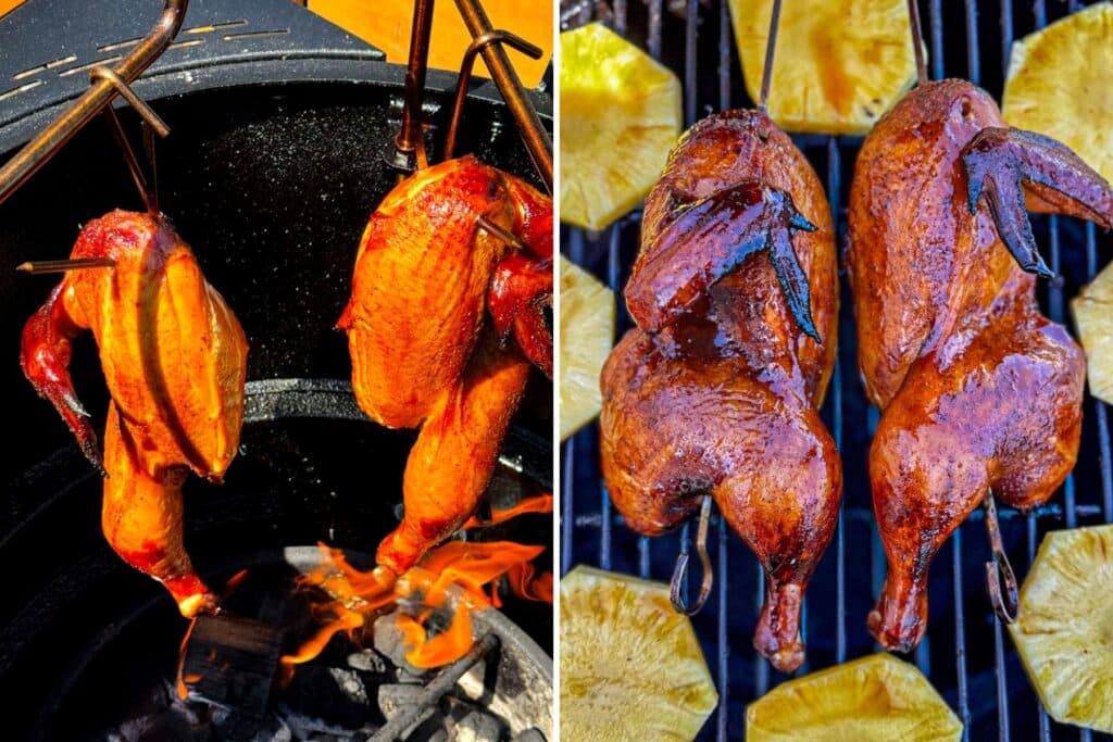 Smoking the huli huli chicken and glazing with the huli huli sauce
