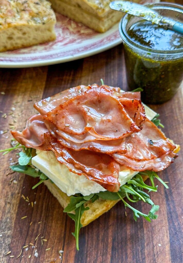 assembling the mortadella sandwich
