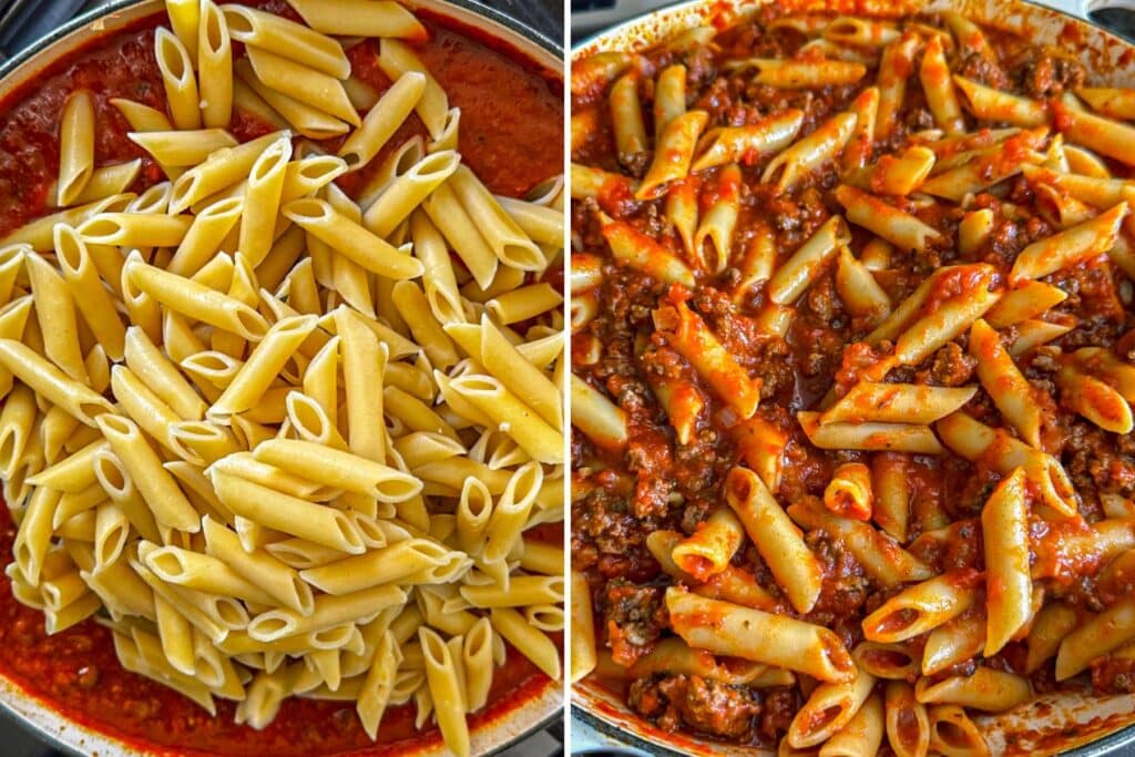 combining the sauce and the noodles