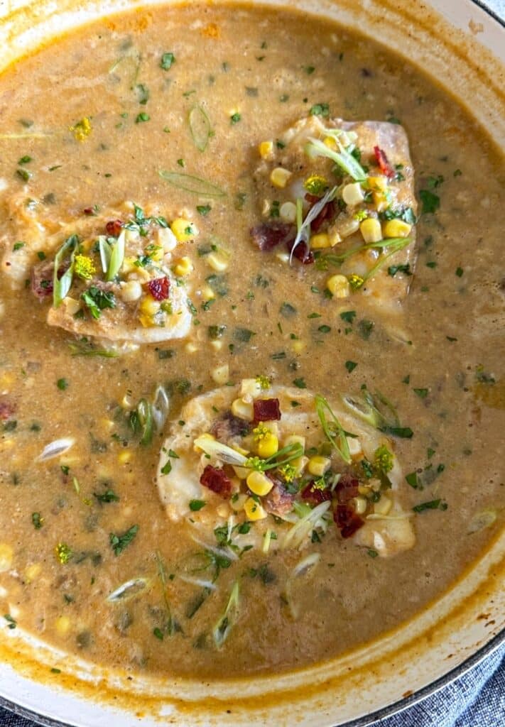 poached cod in corn chowder sauce