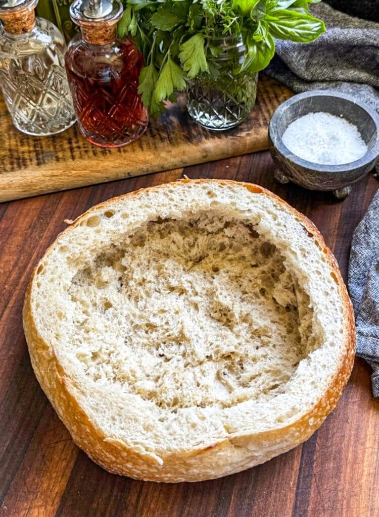 hollowed out loaf of sourdough