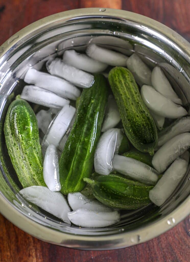 pickles soaking in the ice bath to get them crispy