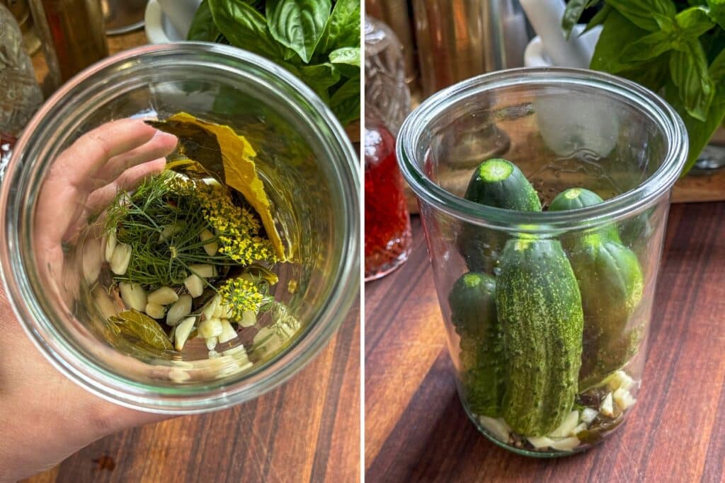 adding the herbs and prepping the cucumbers