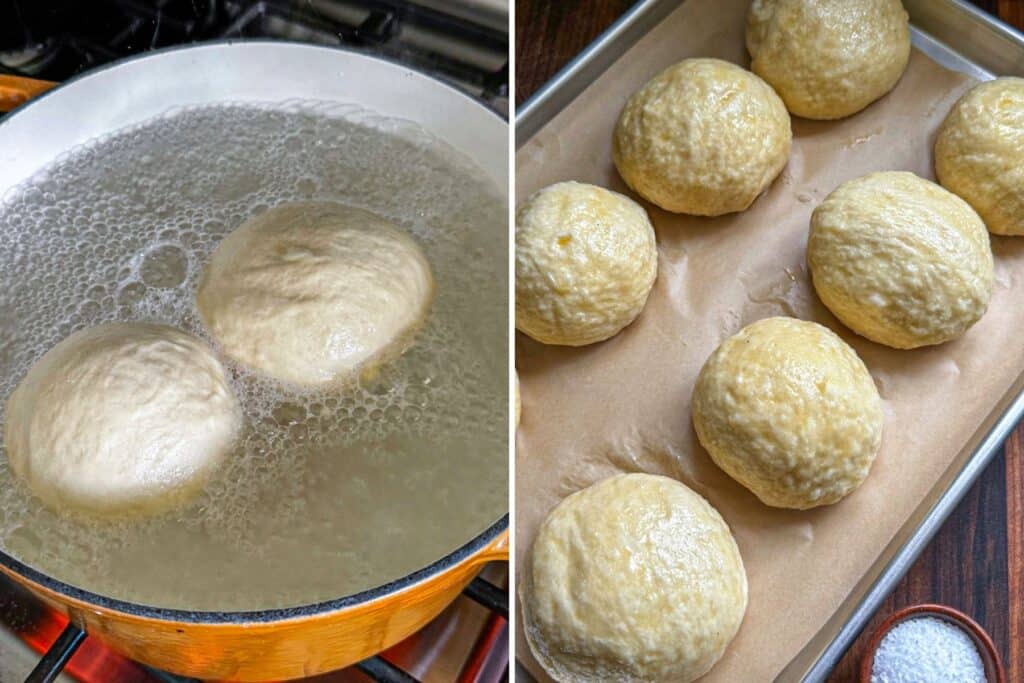 Boiling the buns and adding egg wash to them
