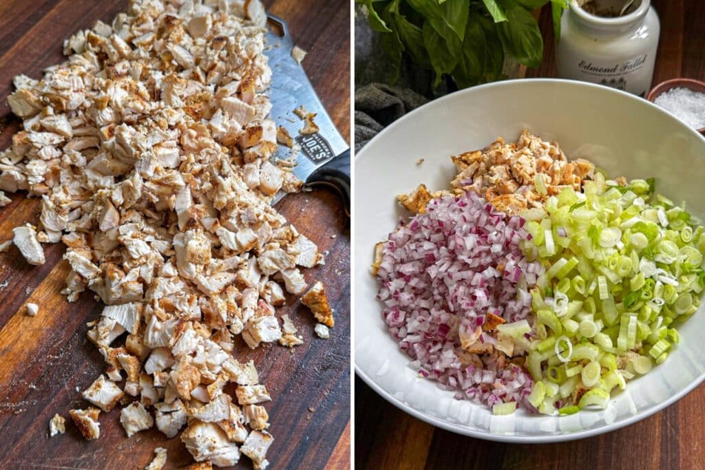 Combing the chopped chicken and veggies to make the chicken salad