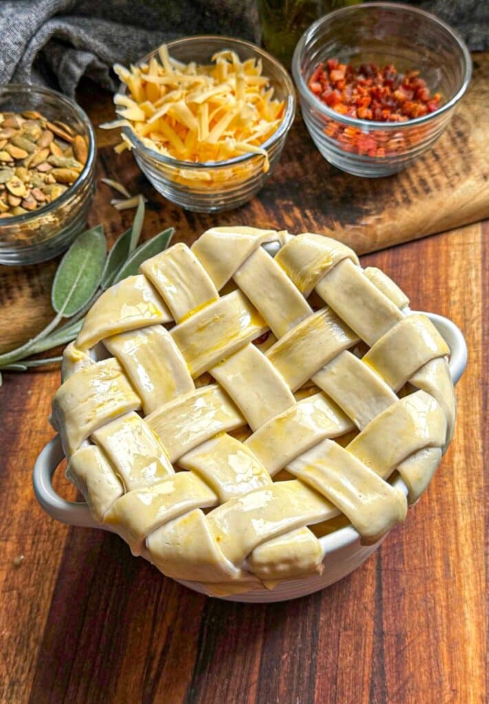 Puff pastry lattice over the top with egg wash